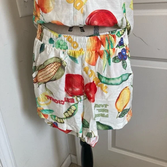 Fruit Print Two-Piece Linen-Like Set - White with Multicolor Produce - Picture 3 of 4